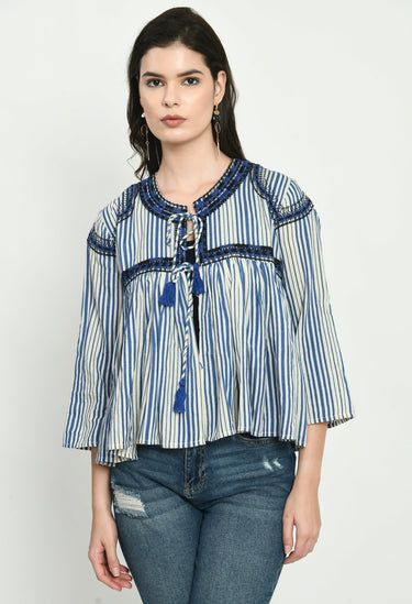 Embroidered Top With Tassel Neck Tie - RueCollections